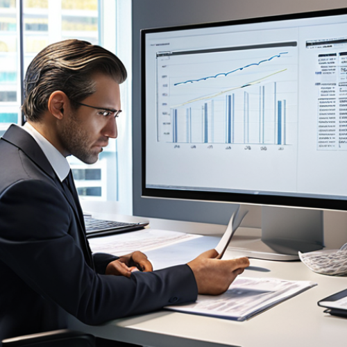 Home 11 **A skeptical Angel Investor carefully reviewing financial documents in a modern office setting. Emphasize the investor's discerning expression and the complex data on the screen. The mood is serious and professional.**