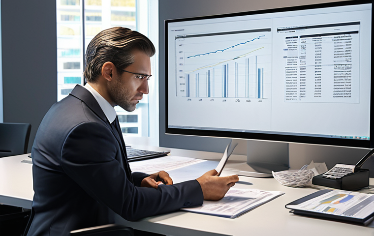 **A skeptical Angel Investor carefully reviewing financial documents in a modern office setting. Emphasize the investor's discerning expression and the complex data on the screen. The mood is serious and professional.**