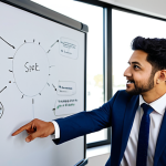 A professional angel investor in a sharp, modest business suit is engaged in a strategic discussion with a young, enthusiastic startup founder, dressed in professional business casual attire. They are in a modern, well-lit co-working space, with a whiteboard displaying business ideas in the background. The investor points to a diagram, offering guidance. The atmosphere is collaborative and focused on growth. Fully clothed, appropriate attire, safe for work, perfect anatomy, correct proportions, natural pose, well-formed hands, proper finger count, natural body proportions, professional photography, high quality, family-friendly content.