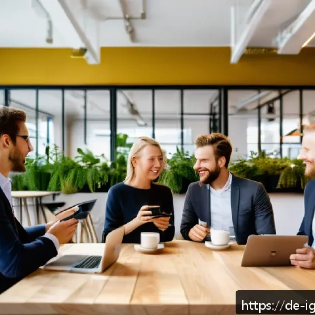 앤젤 투자자를 위한 금융 계획 - A professional networking event in a modern Berlin co-working space, showing diverse angel investors...