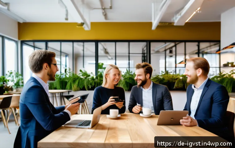 앤젤 투자자를 위한 금융 계획 - A professional networking event in a modern Berlin co-working space, showing diverse angel investors...