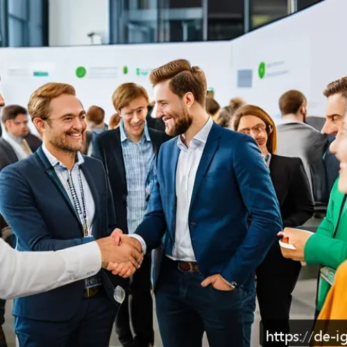 스타트업의 성공을 위한 앤젤 투자자 협력 방안 - A professional networking event in a modern conference hall in Berlin, filled with diverse German en...